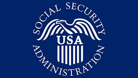 Seal of the Social Security Administration on a blue background. Features a white eagle with outstretched wings and "USA" on a shield beneath.