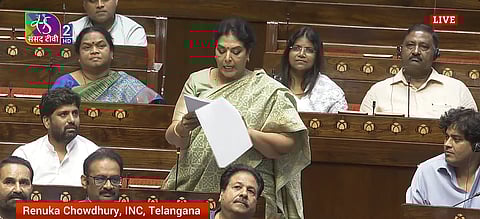 Congress MP Renuka Chowdhary is speaking inside the Rajya Sabha. The image is from Sansad TV.