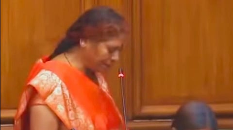 Bihar's Nawada MLA Vibha Devi in an orange saree reading her oath in the first session of Bihar Legislative Assembly after the landmark win of the NDA in the election.