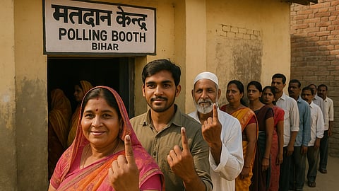 A group of smiling voters in a line, showing inked fingers outside a polling booth in Bihar, India. The scene conveys civic pride and participation.