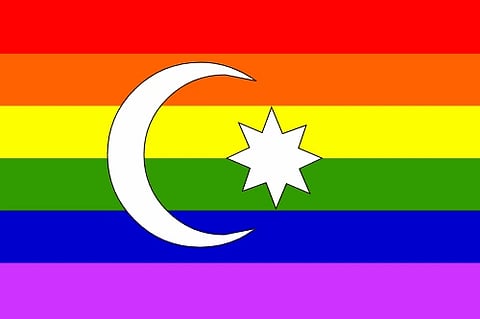 A rainbow pride flag with a crescent moon and an eight-sided star in white.