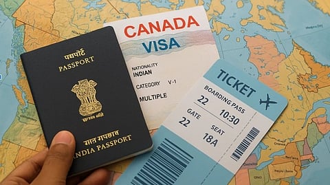 A hand holds an Indian passport, a Canada visa, and a boarding pass over a world map.