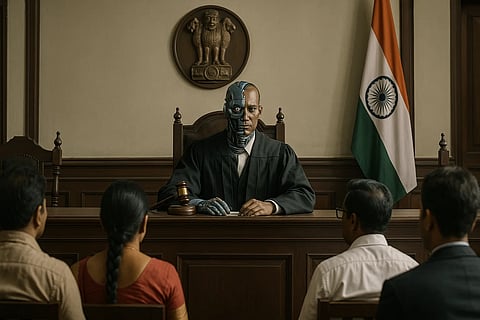 A robot judge presiding over a court, viewd from front and centre. the backs of some people sitting on benches is visible, with an Indian flag behind the judge on the right and the national emblem on the centre wall.