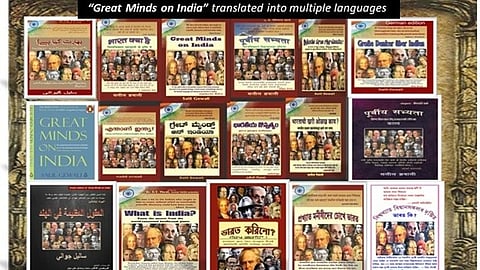 Alt text: "Collage of 'Great Minds on India' book covers in various languages, featuring philosopher portraits. Each cover includes the title and a unique language script."