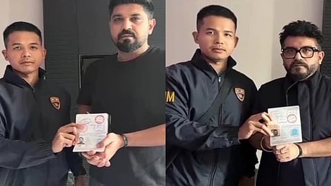 Image of the Luthra brothers being held with their passports. Two side-by-side photos show a man in a security uniform standing with two different men. Each man is holding an open passport,