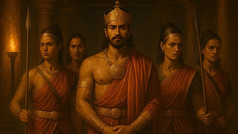 A regal figure in a golden crown and red robe stands confidently in a shadowy hall, flanked by four stern female guards in matching attire, holding spears.