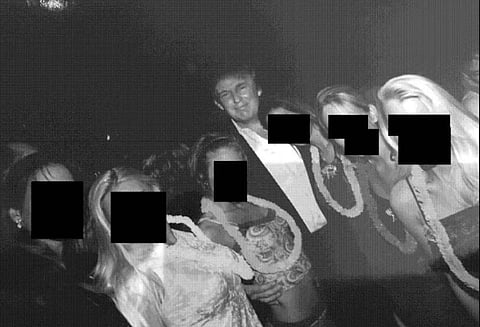 Black and white image of Donald trump with six women whose faces are covered with a black strip.