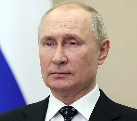 Image of Russian President Vladimir Putin addressing participants of the Russia-Uzbekistan Interregional Cooperation Forum in Moscow, Russia