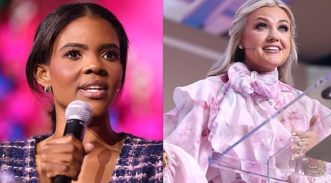 Image on the left is of Candace Owens speaking with attendees at the 2024 Young Women's Leadership Summit at the San Antonio Marriott Rivercenter on the River Walk in San Antonio, Texas. Right image is of Erika Kirk speaking with attendees at the 2025 Young Women's Leadership Summit at the Gaylord Texan Resort & Convention Center in Grapevine, Texas.