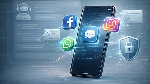 A smartphone surrounded by floating social media icons of Facebook, Instagram, and WhatsApp, plus a shield with a lock, suggesting digital security.