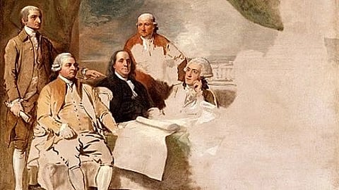 A historical painting depicts five men in 18th-century attire, gathered around a table with papers. The scene conveys seriousness and collaboration. Judge Benjamin Tappan. Stanton's sister also married Tappan's son. Tappan was the second child and oldest son of Benjamin Tappan and Sarah (Homes) Tappan, who was a grandniece of Benjamin Franklin. Two of his younger brothers were abolitionists Arthur Tappan and Lewis Tappan