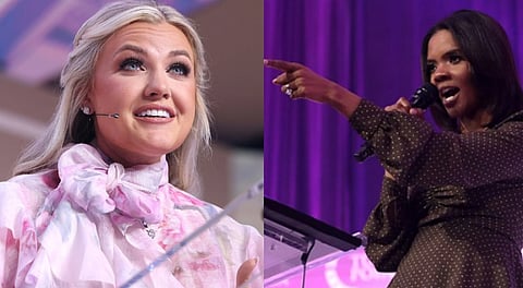Left image is of Erika Kirk speaking with attendees at the 2025 Young Women's Leadership Summit. She is wearing a pink dress and sheer soft pink scarf. The right image is of Candace owens speaking with attendees at the 2021 Young Women's Leadership Summit hosted by Turning Point USA/