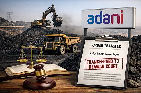 A graphic showing a legal desk, with gavel, scales, a book, and a transfer order saying 'Transferred to Beawar Court'. In the background is a coal mine, with a bulldozer, a truck and an 'Adani' signboard.