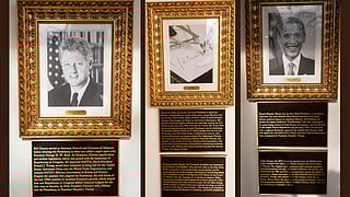In the image the photos of three president Barack Obama Bill Clinton and Joe Biden pen is shown from the Presidential hall of fame with text plaque under it