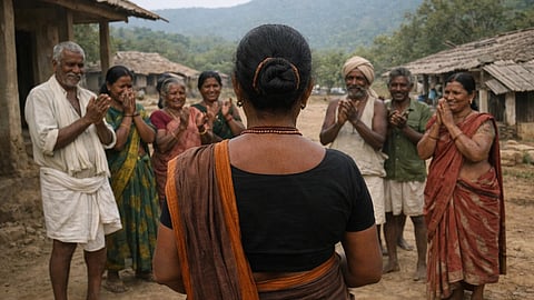 A woman stands facing a group of villagers clapping and smiling in a rural setting. Mud houses and green hills form the background, conveying warmth and celebration.