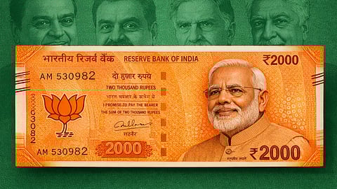 An orange rs.2000 note with the face of Modi and the BJP lotus. In the background are faces of prominent Indian businessmen,