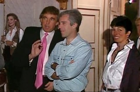 Old image of President Donald trump talking to sex offender Jeffrey Epstein in a party. On the right Ghislaine Maxwell is looking towards the camera.