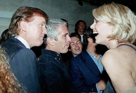 In the image in the extreme left, there is a younger Donald Trump with Jeffrey Epstein talking to a blonde woman on the right of the image. The image depicts a crowded room with a dimmed light effect.