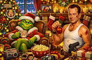 AI generated image depicting top 5 movies to watch this christmas. Cozy Christmas scene with the Grinch in a Santa suit holding a "Merry Xmas" mug, and a man in a white tank top with a red ornament, smiling. A decorated tree, gifts, and a fireplace enhance the holiday spirit.