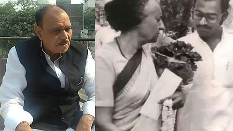 In the image two separate pictures are shown with in one picture a middle age man is shown and in other picture Indira Gandhi worth flower bouquet and a men aside her