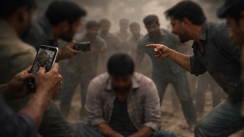 A generated image of a man sitting with his head down, surrounded by a mob shouting at him and recording.