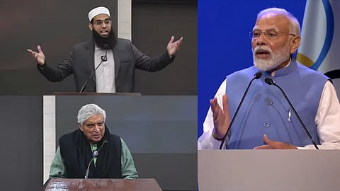 यह तस्वीर तीन पैनल में बंटी हुई है, एक पैनल में मौलवी मुफ्ती दिखाए गए हैं, उनके नीचे वाले पैनल में जावेद अख्तर हैं और दाईं ओर PM मोदी की तस्वीर दिखाई गई है।