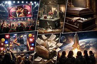 A collage of six scenes: a concert kiss on screen, broken glass museum heist, hand emerging from a coffin, social media reactions, exploding documents, and a rocket launch.