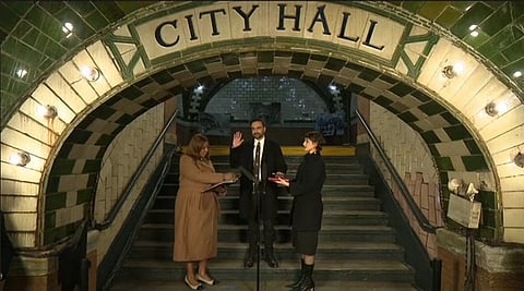 Zohran mamdani with his wife and attorney Letitia James taking oath in the stairs of City Hall Subway to begin his term as the mayor of new york