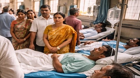 A hospital ward with several patients lying in beds, covered with white sheets. Concerned family members stand nearby.
