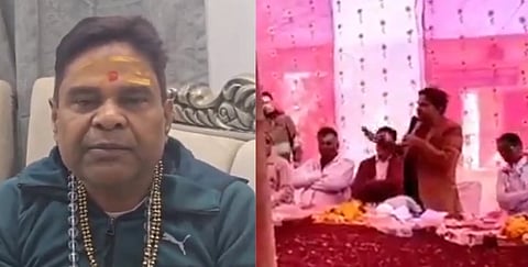 Left image is of Girdhari Lal Sahu, husband of Uttarakhand Minister Rekha Aarya. he is wearing religious markings and jewelry. The right shows a crowded event with pink decor, a man speaking at a table, with others seated nearby.