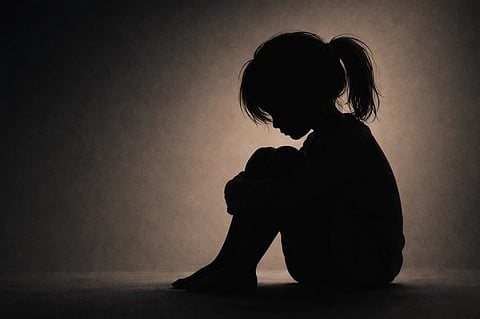 Silhouette of a child sitting alone with knees tucked to chest against a soft, light brown background. The scene conveys solitude and contemplation.