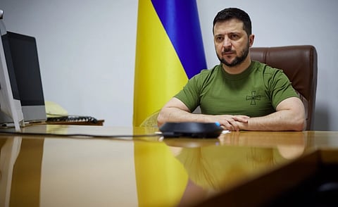 Image of President of Ukraine Volodymyr Zelenskyy addresses the Parliament of Lithuania during the Russo-Ukrainian War
