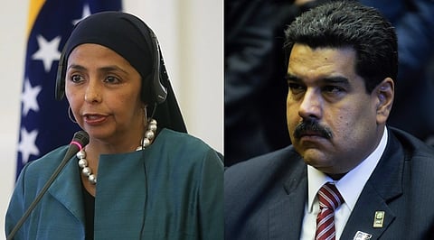 Left image is of Venezuelan VP Delcy Rodríguez in a joint press conference with Iranian FM Mohammad Javad Zarif, Tehran. The right image is of Venezuelan president Nicolas Maduro.