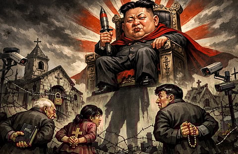 Ai generated image a caricature scene of supreme leader kim jong un sitting at his throne among ruins. Below, three fearful people, two with religious symbols, are surrounded by surveillance cameras and barbed wire, set against a church backdrop.