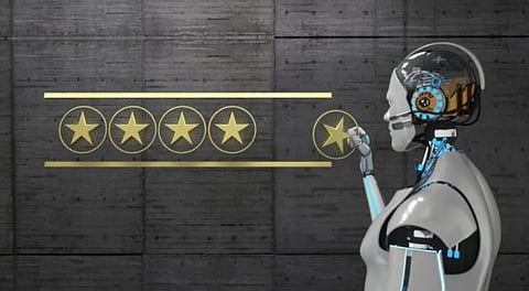 A robotic figure touches a glowing fifth star in a row of five yellow stars, symbolizing a top rating. The background is a dark, textured wall, conveying a futuristic tone.