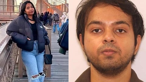 A split image with the left side showing the image of Indian woman Nikitha Godishala wearing ripped jeans and a black puffer jacket, left side shows a close-up portrait of her ex-boyfriend Arjun Sharma.