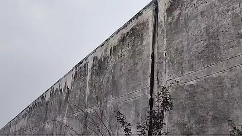 A tall, weathered concrete wall with visible cracks and dark stains under a gray, overcast sky. Sparse, leafless branches grow near the base.