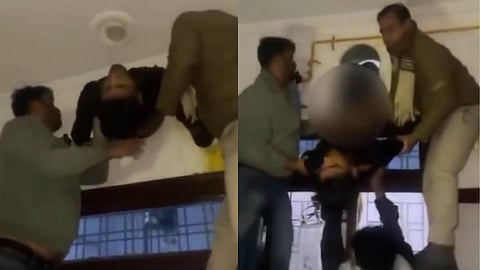 The image is divided in two parts with in one part a man is shown trapped in a whole and two people are trying to get him out of it and in other photo he is out of the whole and three men are holding him one of which is police officer