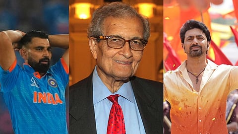 A collage with Mohammed Shami (left), Amartya Sen (centre), and Dev (right).