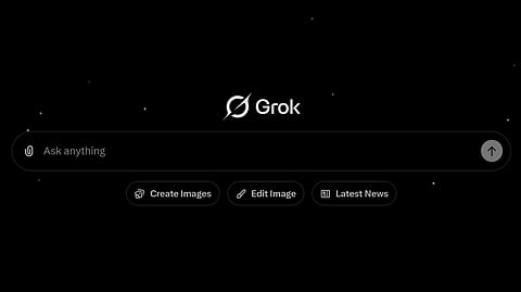 Homepage of Grok AI, showing a chat prompt, prompt options, and the Grok logo.