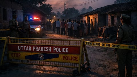 Ai-generated image of Police officers stand guard at a dimly lit village street in Uttar Pradesh. A crowd gathers behind a barricade with flashing lights nearby, evoking tension.