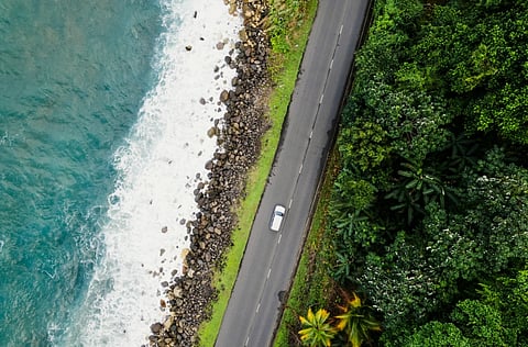Aerial view of a coastal road with a lone white car driving between lush green forest and a rocky shoreline with waves. The scene is serene and picturesque.
