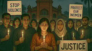 A somber group of individuals hold candles in a vigil, displaying signs reading "Stop Violence" and "Protect Our Women." The atmosphere is serious and determined, set against a historic building backdrop.