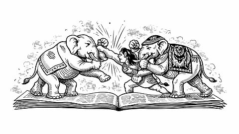 Elephants from the logos of The Hindu and The Times of India fighting on top of a newspaper.