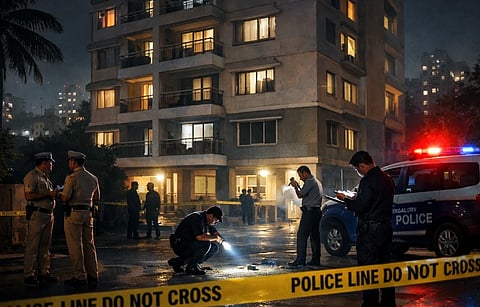 AI illustration depicting a crime investigation in Bengaluru at night. Show a residential apartment building cordoned off with police tape, police officers examining the scene, and emergency lights reflecting off nearby buildings.