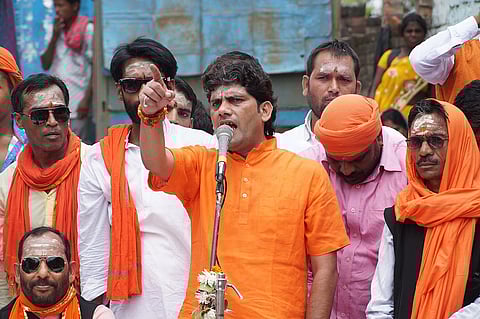 Arun Pathak, a Hindutva activist, giving a speech in 2015.