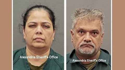 Two individuals are shown in separate mugshots with neutral expressions, wearing green uniforms labeled "Alexandria Sheriff's Office" against a gray background.