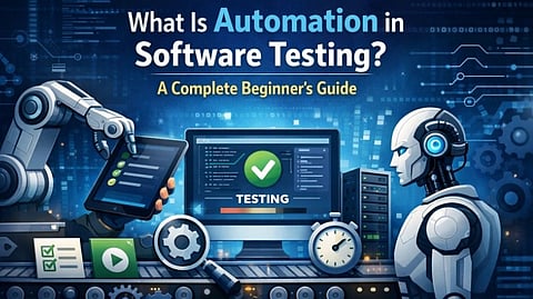 Robotic arms and a humanoid robot interact with technology on a conveyor belt. A computer screen displays "Testing," suggesting automation in software testing.