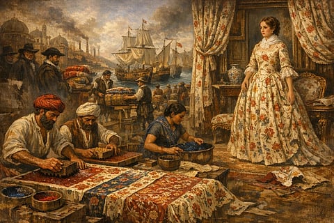 A historical scene shows textile workers with ornate fabrics in the foreground. In the background, ships dock by a bustling port. A woman in a floral dress observes, evoking a sense of industry and trade in a vibrant historical setting.