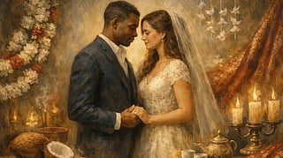 A groom in a dark suit and a bride in a lace gown stand closely together, holding hands. They are surrounded by candles, flowers, and traditional decorations, creating a warm and intimate atmosphere.